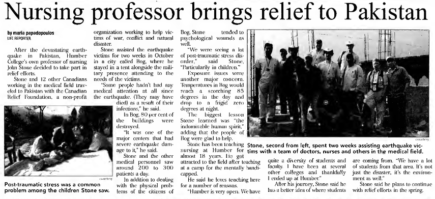 Screencap of article titled Nursing Professor Brings Relief to Pakistan