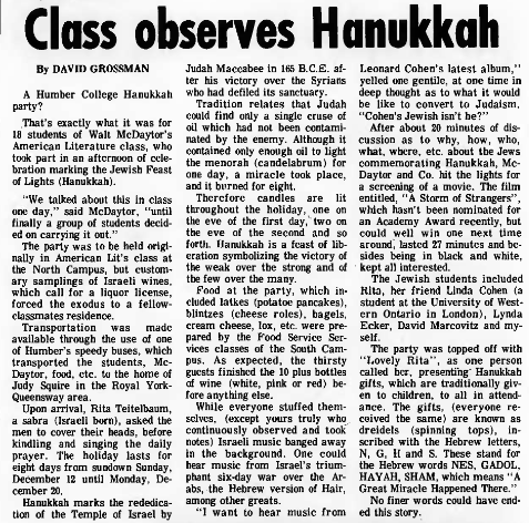 Screencap of article titled Class Observes Hanukkah