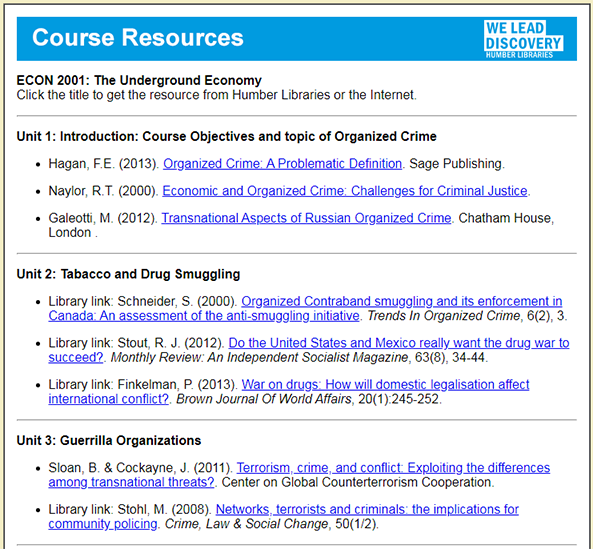 Course Resources page example