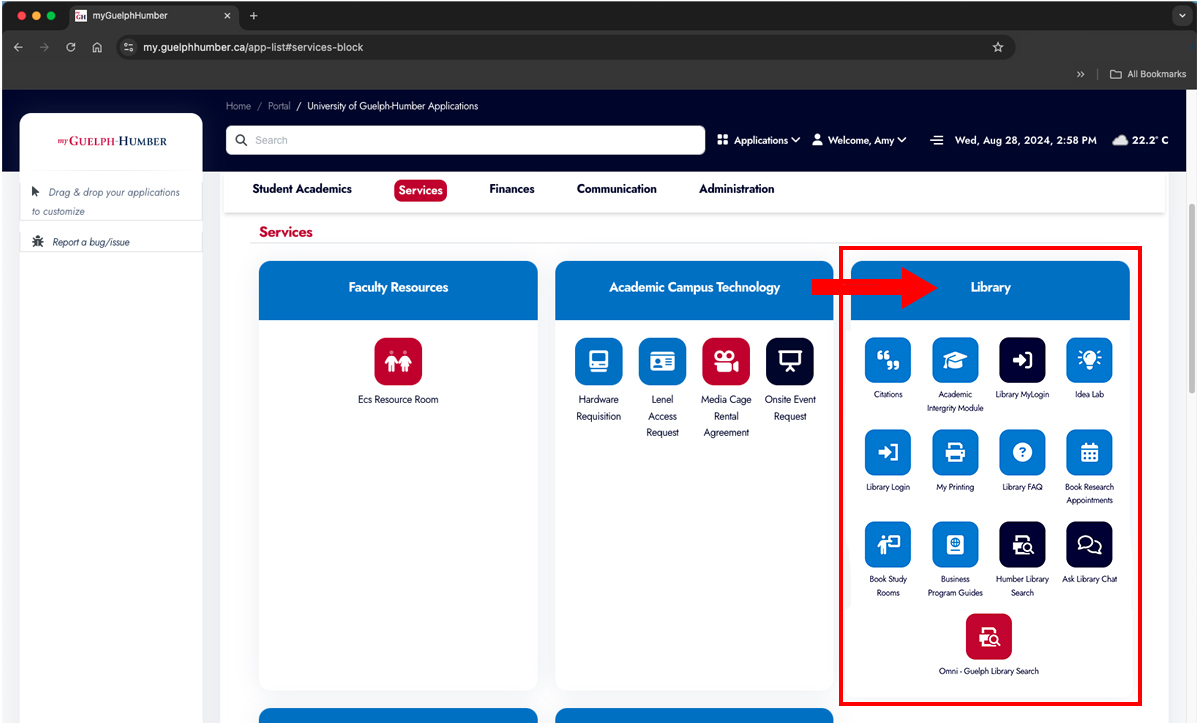 myGuelph-Humber Library Services section